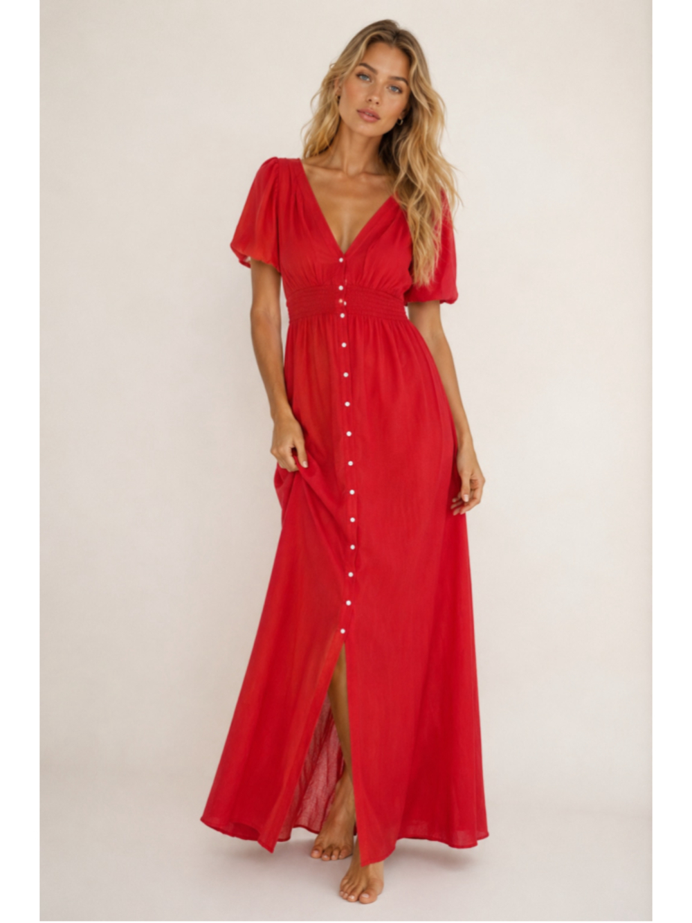 Old Navy Red Maxi Dress V Neck Cottagecore Romantic Boho Puff Sleeve Coastal L